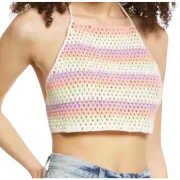 BP. Womens Crop Top Multicolor Stripe Halter Neck Crochet Backless Tie S New - Picture 1 of 10